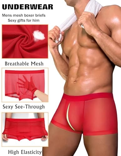 Avidlove Mens Underwear Trunk Breathable Mesh Boxer Briefs Sexy Lingerie Boxer Shorts for Men Red XL - Thumbnail 4