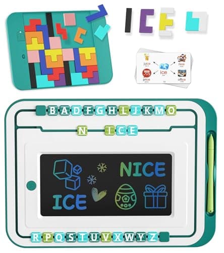 LCD Writing Tablet for Kids Words Learning Drawing Writing Board with 26 Letters 2 Set Puzzles Blocks Educational Toy Kid School Stuff Class Learning Tool for Girls Boys 3+ - Image 1