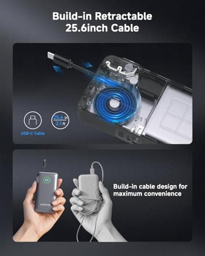 Portable Charger with Built in 25.6in Retractable Cable and Wall Plug, 10000mAh USB C Travel Power Bank, 35W Fast Charging Battery Pack Compatible with iPhone 16 15 14 13 Samsung Android Phone etc - Thumbnail 2