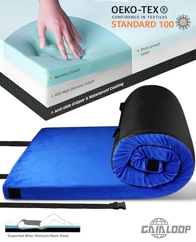 GAIALOOP 3 Inch Memory Foam Camping Mattress, Dual Layer Thick Sleeping Camp Pad for Car Tent Cot, Roll-Up Portable Glamping Floor Bed for Guests Sleepover[Kid: 62 * 23 * 3"] - Thumbnail 4
