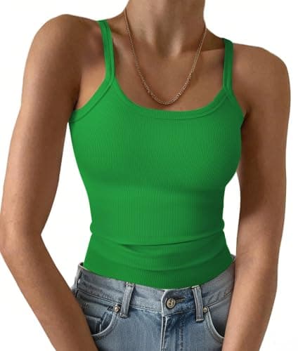 GKBK Women Spaghetti Strap Scoop Neck Ribbed Tank Tops Slim Fitted Camisole Sleeveless Basic Cami Shirts Summer Blouse Green M - Image 1