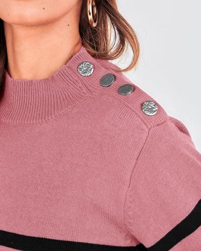 KIRUNDO Fall Sweaters for Women 2026 Striped Turtleneck Ribbed Knit Sweater Trendy Pullover Jumper Winter Fashion Clothing(Large, Dusty Pink) - Thumbnail 5