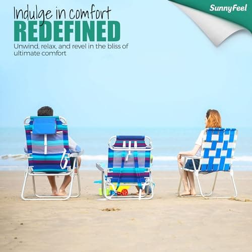SUNNYFEEL Extra Wide 28" Low Beach Chair 5 Position Lay Flat, XL Oversized Portable Folding Camping Chairs with Cup Holder for Outdoor/Trip, Lightweight Foldable Backpack Beach Chair for Adults - Thumbnail 5