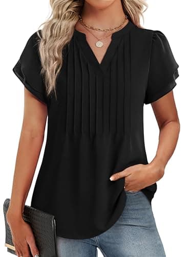 Funlingo Blouses for Women Dressy Casual Ruffle Short Sleeve Black Tops Spring Trendy V Neck Tunic Work Shirt for Business Office M - Image 1