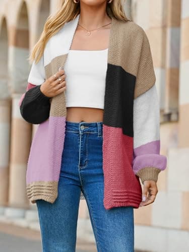 Saodimallsu Womens Boho Cardigans Colorful Long Sleeve Cardigan Open Front Sweaters Chunky Knit Coats Loose Fit 2025 Red - Thumbnail 4