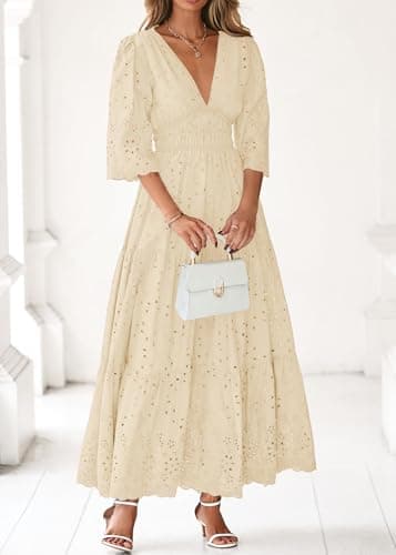 Lazysmile Long Sleeve Dresses for Women V Neck Hollow Out Eyelet Ruffle Swing A-Line Fall Vacation Boho Maxi Dress Apricot - Thumbnail 3