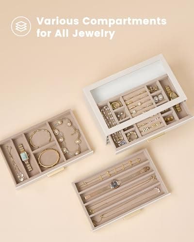 Lolalet Jewelry Box Organizer, 3-Layer Jewelry Organizers and Storage Case with Glass Lid, Ring Earring Bracelet Necklace Holder Organizer, Mothers Day Gifts for Mom, Women Girls -3Layer, Beige - Thumbnail 4
