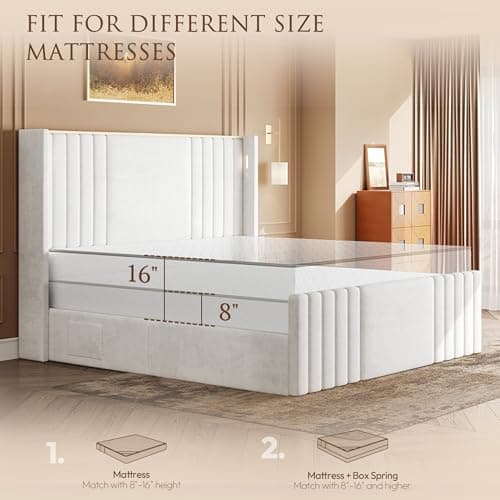 Uteeran Queen Bed Frame with 55.1" Tall Headboard, Velvet Upholstered Platform Bed with Channel Tufted Wingback, 2 Reading Lights/Storage Shelf/Charging Station/Easy Assembly/Noise-Free, Cream - Thumbnail 5