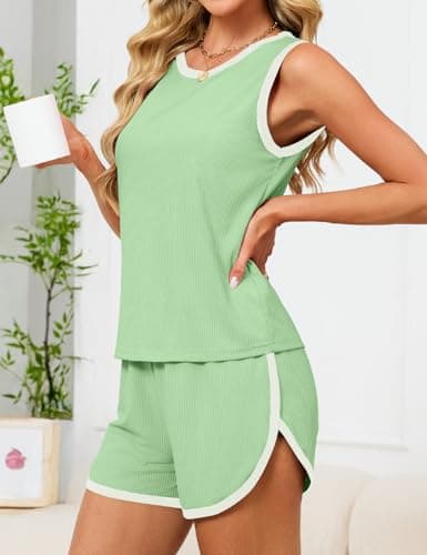 JUSTFASHIONNOW Women's 2-Piece Contrast Trim Pajama Set - Casual Tank Top & Shorts, Soft Ribbed Loungewear(Mint green X-Large) - Thumbnail 4