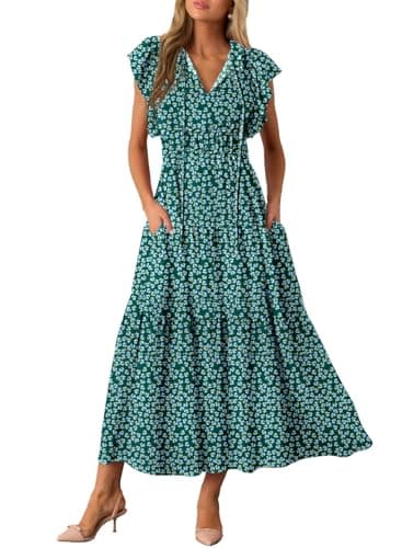 BLENCOT Women Maxi Floral Printed Dresses for Summer Tie V Neck Short Ruffle Sleeve Dress Flower Pattern Dress with Pockets P920 Green XL - Image 1