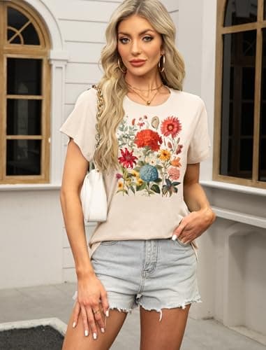 MAPICK Women's Floral Tees Loos Fit Boho Wildflower Graphic T-Shirts Vintage Short Sleeve Clothing(Apricot2,X-Large) - Thumbnail 3