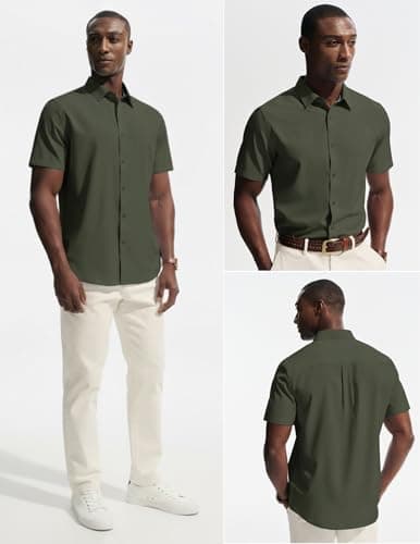 PJ PAUL JONES Mens Short Sleeve Button Down Shirts Wrinkle Free Untrucked Dress Shirts for Men Stretch Collared Shirt Solid Regular Fit Army Green - Thumbnail 2
