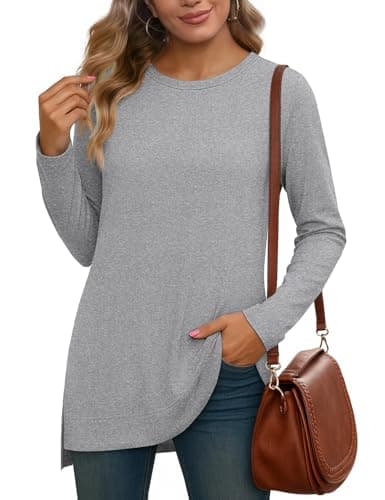 JUSTFASHIONNOW Womens Long Sleeve Tunic Tops to Wear with Leggings Crew Neck Side Split Layering Shirts Loose Fit Long Tops Light Gray - Thumbnail 4