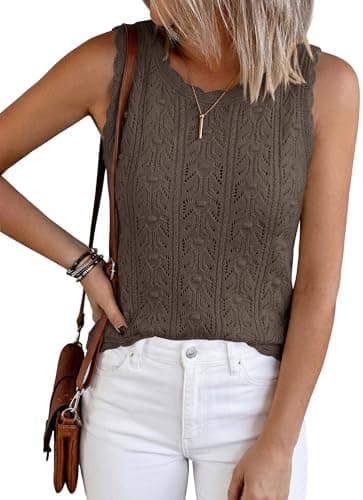 BTFBM Crochet Tank Tops for Women Hollow Out Sleeveless Loose Sweater Vest Top Summer Spring 2026 Beach Vacation Clothes(Brown, X-Large) - Image 1