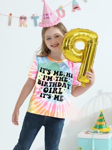 Birthday Girl Shirt 13 14 Year Old Its My Birthday T-Shirt Outfits 13th 14th Cute Kids Letter Graphic Short Sleeve Tee Tops Colorful Tie Dye - Thumbnail 3