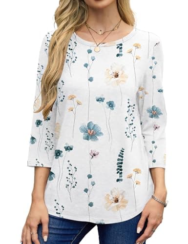 NORACORA Women's 3/4 Length Sleeve Crew Neck T-Shirt - Printed Casual Basic Tops - Thumbnail 2