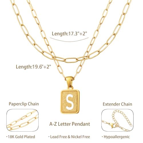 LETFLY Initial Gold Necklaces for Women, 18K Gold Plated Letter Layering Necklace Square Shaped Pendant with Adjustable Paperclip Chain for Womens Jewelry Gifts Alphabets S - Thumbnail 4