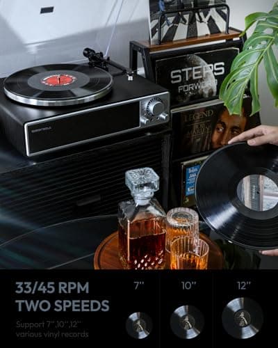 QLEARSOUL ONE-Q Vinyl Record Player (Black), All-in-one HiFi Turntables with Built in Speakers, Bluetooth 5.4, Phono Preamp, Magnetic Cartridge AT-3600L, 33/45 RPM Two Speed, Aux-in, Auto Off - Thumbnail 2