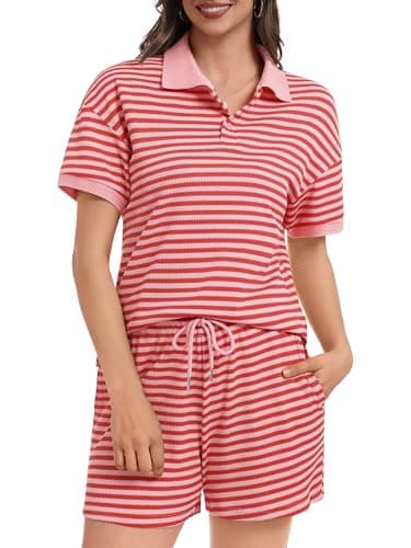 Casly Lamiit Lounge Set for Women Travel Outfits 2026 Summer Spring Color Block Tee Shirts Striped Shorts Beach Sets Two Piece Going Out Resort Wear Red Pink S - Image 1