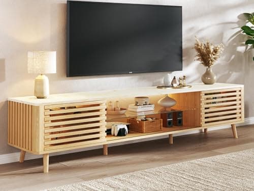 HUAHUU 70" TV Stand for 55/65/75 Inch TV, Faux Marble Top Entertainment Center with Slatied Sliding Door & LED Lights, Mid Century Modern Style, Low TV Console with Glass Shelves for Bedroom - Image 1