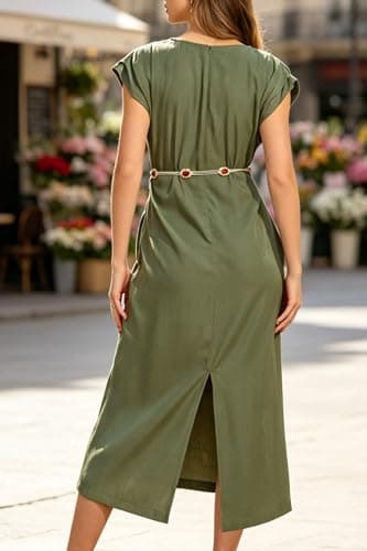 Women Army Green Cap Sleeve Split Shift Office Decorative Waist Chain Dress - Thumbnail 4