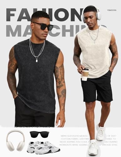 Yimoon Sleeveless Shirts for Men Workout Tank Tops Cotton Acid Wash Muscle Shirts Baggy Gym Tees(BlackGreyBeigeKhaki-XL) - Thumbnail 5