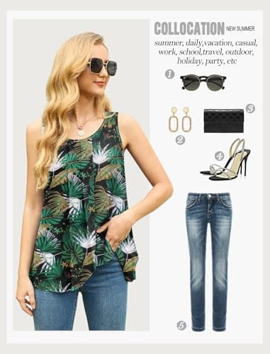 IWOLLENCE Womens Summer Tank Tops Sleeveless Chiffon Double Layers Blouse Loose Round Neck Casual Shirts Black Palm Leaf Medium - Thumbnail 5