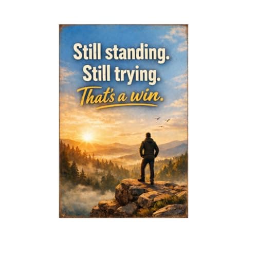 Still Standing Still Trying That’s A Win Tin Sign Vintage Inspirational Quote Metal Wall Decor Scenic Mountain Sunrise Rustic Motivation Plaque For Home Office Cabin Garage 8x12 Inch - Image 1