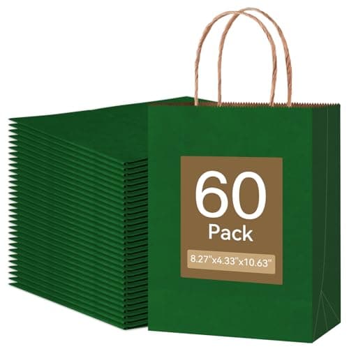 Qioxiou 60 Pack Forest Green Gift Bags with Handles 8.27x4.33x10.63 Medium Size Bulk Kraft Paper Party Favor Bags for Christmas, Wedding, Birthday, Shopping, Retail, Grocery, Recyclable Paper Sacks