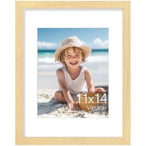 Vittanly 11x14 Picture Frame, Made of Solid Wood and Shatterproof Plexiglass, Display Pictures 8x10 with Mat or 8x10 without Mat, Wooden Photo Frame for Wall Mounting or Tabletop, Natural, 1 Pack - Image 1