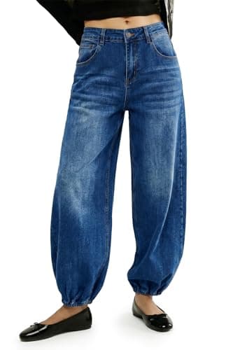 Flowyair Women Barrel Jeans High Waisted Wide Leg Baggy Harem Denim Pants Cowboy Blue - Image 1