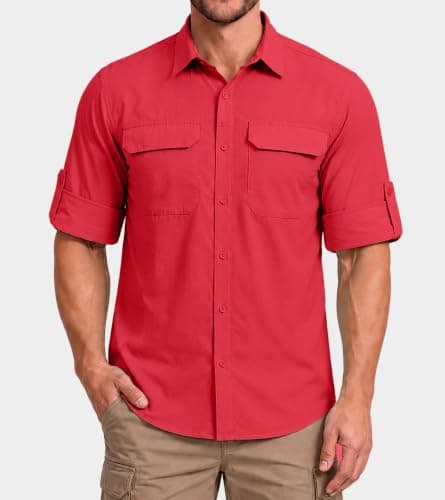 Men's Sun Protection Fishing Shirt UPF 50+ Long Sleeve Safari Hiking Travel Shirts with Pockets Quick Dry(Red Small) - Thumbnail 2