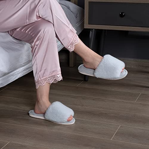 Parlovable Women's Faux Fur Slippers Fuzzy Flat Spa Fluffy Open Toe House Shoes Indoor Outdoor Slip on Memory Foam Slide Sandals Grey 9-10 - Thumbnail 2
