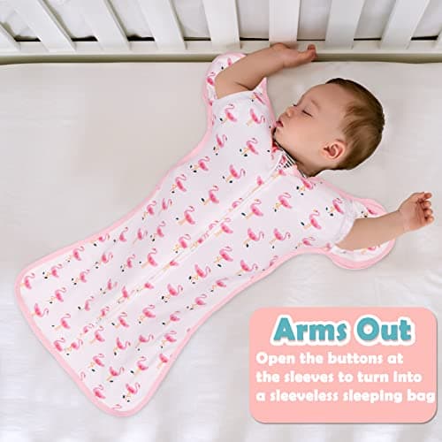 2 Pack Transition Swaddle with 2 Way Zipper, 2 in 1 Arms in/Out Transitional Arms Up Swaddle, 100% Cotton Newborn Swaddles Zipper Swaddles Baby Swaddling Sack Sleep Sack 0-3 Months, Flamingo & Bear - Thumbnail 4
