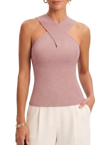 DRESSTELLS Halter Tops for Women Criss Cross Ribbed Knit Tank Top Sleeveless Sweater Vest Slim Fit Sparkly Casual Summer Blouse Blush XS - Image 1