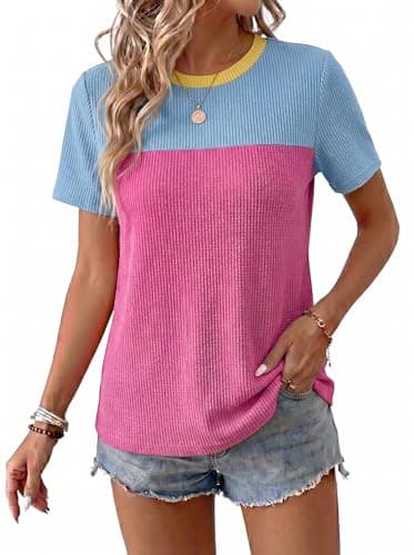 BLENCOT Womens Spring Tops Summer Shirts Colorblock Crewneck Short Sleeve Blouse Casual Loose Fit Junior Cute Going Out Cute Outfits Tunic Blue Pink XX-Large - Image 1