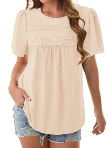NORACORA Womens Summer Tops Crewneck Short Sleeve Shirts Casual Chiffon Boho Babydoll Blouses Flowy Lace Hem Apricot Clothing Trendy 2026 Apricot XXL - Thumbnail 4