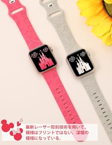 Girovo 2 Packs Cartoon Engraved Bands Compatible with Apple Watch Bands 38/40/41/42mm Women, Cute Anime Soft Silicone Strap for iWatch Series 11 10 9 8 7 6 5 4 3 SE/Ultra 3 2 1,Bright Pink&Starlight - Thumbnail 4