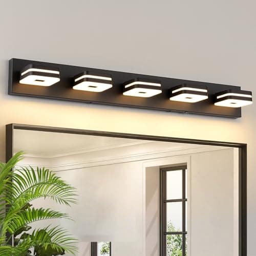 7Degobii Modern Bathroom Vanity Light Fixture, 34" 5-Light Dimmable LED Wall Sconce Over Mirror, Matte Black Acrylic Vanity Lights for Bathroom, 5CCT Adjustable, Indoor Use