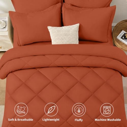 FUANNA 7 Pieces Full Size Comforter Sets, All Season Bedding Sets Full Size, Luxury Soft Bed in a Bag with Comforter, Flat Sheet, Fitted Sheet, Pillowcases & Pillow Shams, Burnt Orange - Thumbnail 2