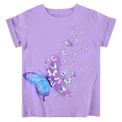 Funnycokid Little Girls Shirt 4T 5T Toddler Purple Tee Butterflies Animal T-Shirt Graphic Short Sleeve Clothes Tops - Image 1