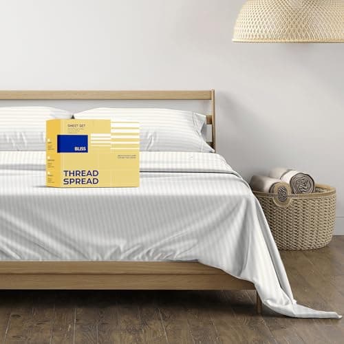 THREAD SPREAD Luxury Egyptian Cotton King Stripe Sheet Set, 600 Series Bliss Collection Extra Long Staple Set (4 PC, Ivory Stripe), King Damask Sheets, Soft, Cooling Sheets Upto 18" Deep Pocket - Image 1
