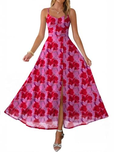 Caracilia Women's Summer Maxi Dresses Floral Mesh Spaghetti Strap Split Formal Wedding Guest Cocktail Party Beach Long Dress Red Purple Floral M - Image 1
