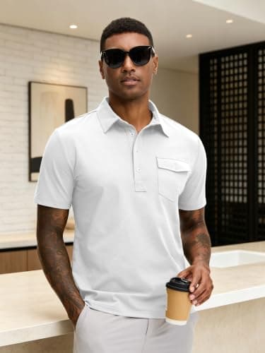 JEMLDL Mens Polo Shirts Short Sleeve Golf Tennis Shirt Quick Dry Collared Casual Work Tops with Pocket 4 Button Placket Tops White XL - Thumbnail 4