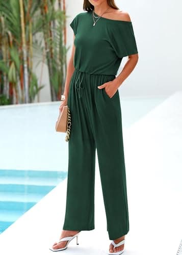 KIRUNDO Womens Jumpsuit 2026 Casual Summer Loose One Piece Off Shoulder Elastic Waist Wide Leg Long Romper with Pockets(Dark Green, Medium) - Thumbnail 6