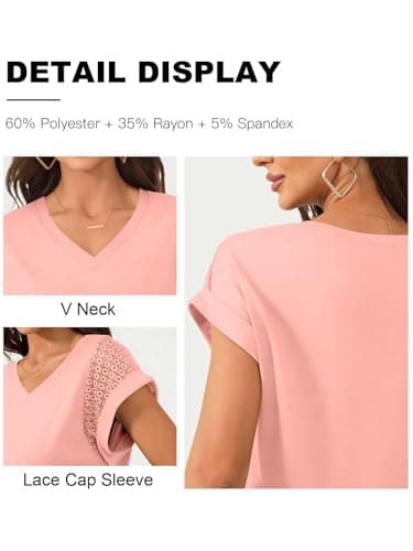Bliwov Womens Summer Tops V Neck Lace Short Sleeve T Shirts Dressy Casual Business Outfits 2026 Spring Fashion Tee Clothes Light Pink - Thumbnail 5