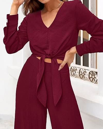 PRETTYGARDEN Women's 2 Piece Outfits 2026 Spring Fashion V Neck Long Sleeve Strappy Crop Top Wide Leg Pant Lounge Sets(Wine Red,X-Large) - Thumbnail 4