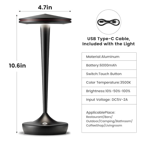 JALVDE Cordless Lamp Rechargeable LED Table Light,48Hrs Battery Operated Table Lamp,Potable Lamp with Stepless Dimming and Waterproof Lamp for Kitchen,Dining,Shower,Outdoor Patio,Camping (1PBlack) - Thumbnail 3