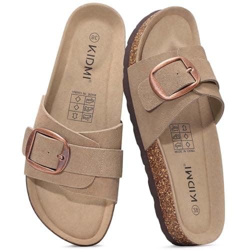 KIDMI Genuine Suede Cork Footbed Sandals for Women Comfortable Summer Slides with Buckle, Apricot 38