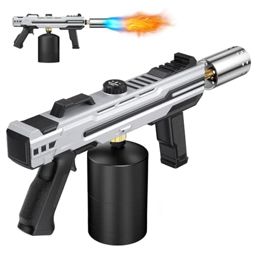 Powerful Propane Torch Gun, Kitchen cooking Torch lighter with Adjustable Flame, Flame Thrower Gun Butane Torch for Searing Steak, BBQ, Campfire, Fireplace (Tank Not Included)(Grey)
